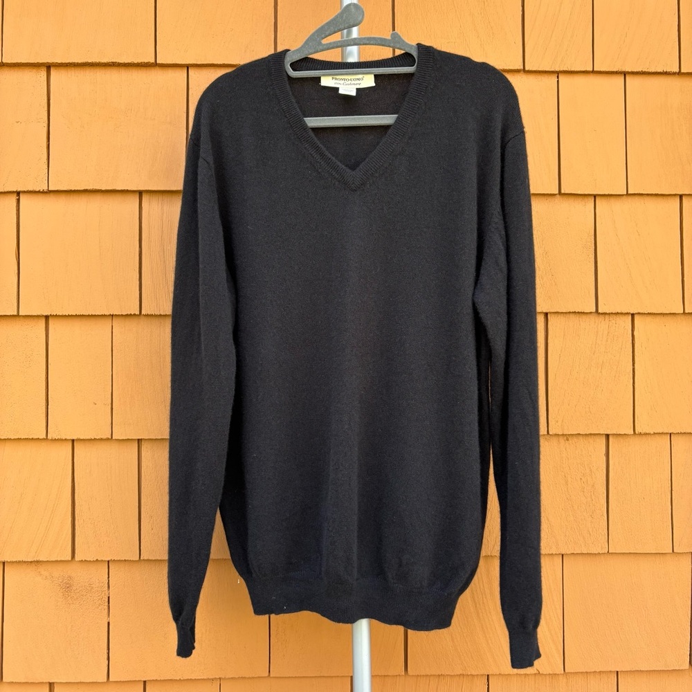 PRONTO-UOMO | Black Cashmere Minimalist Classic Casual V Neck Sweater | Size L